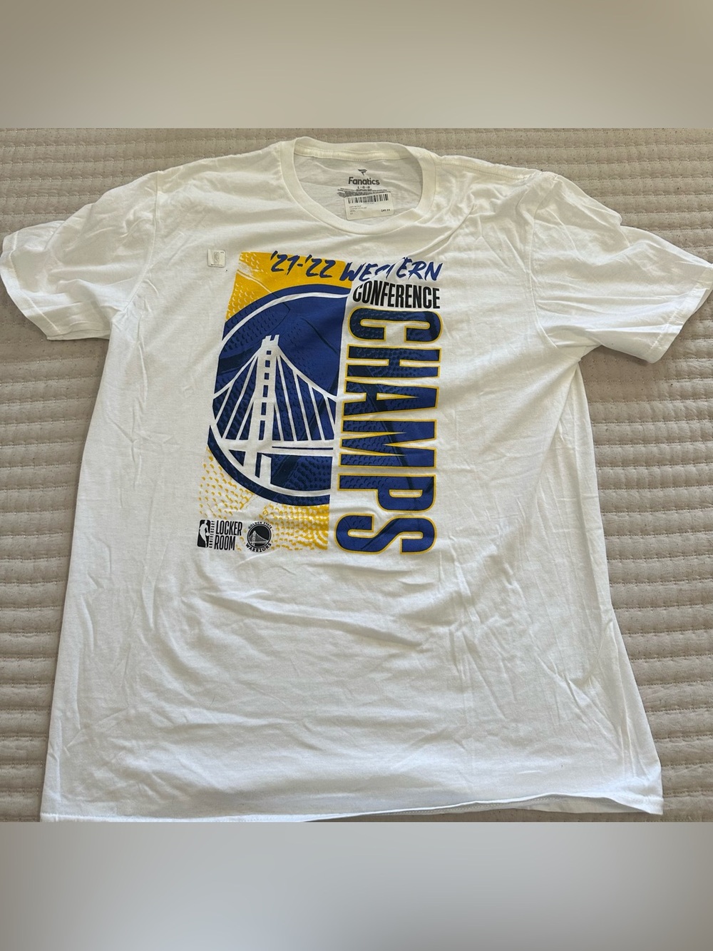 Fanatics Golden State Warriors White T-Shirt with Blue and Yellow CHAMPS Graphic